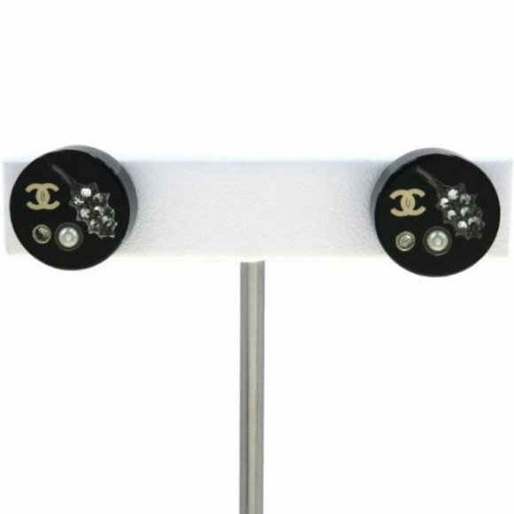 CHANEL CC Logos Rhinestone Pearl Black Round Stud Earrings Gold Tone 11A Auth - Picture 1 of 7